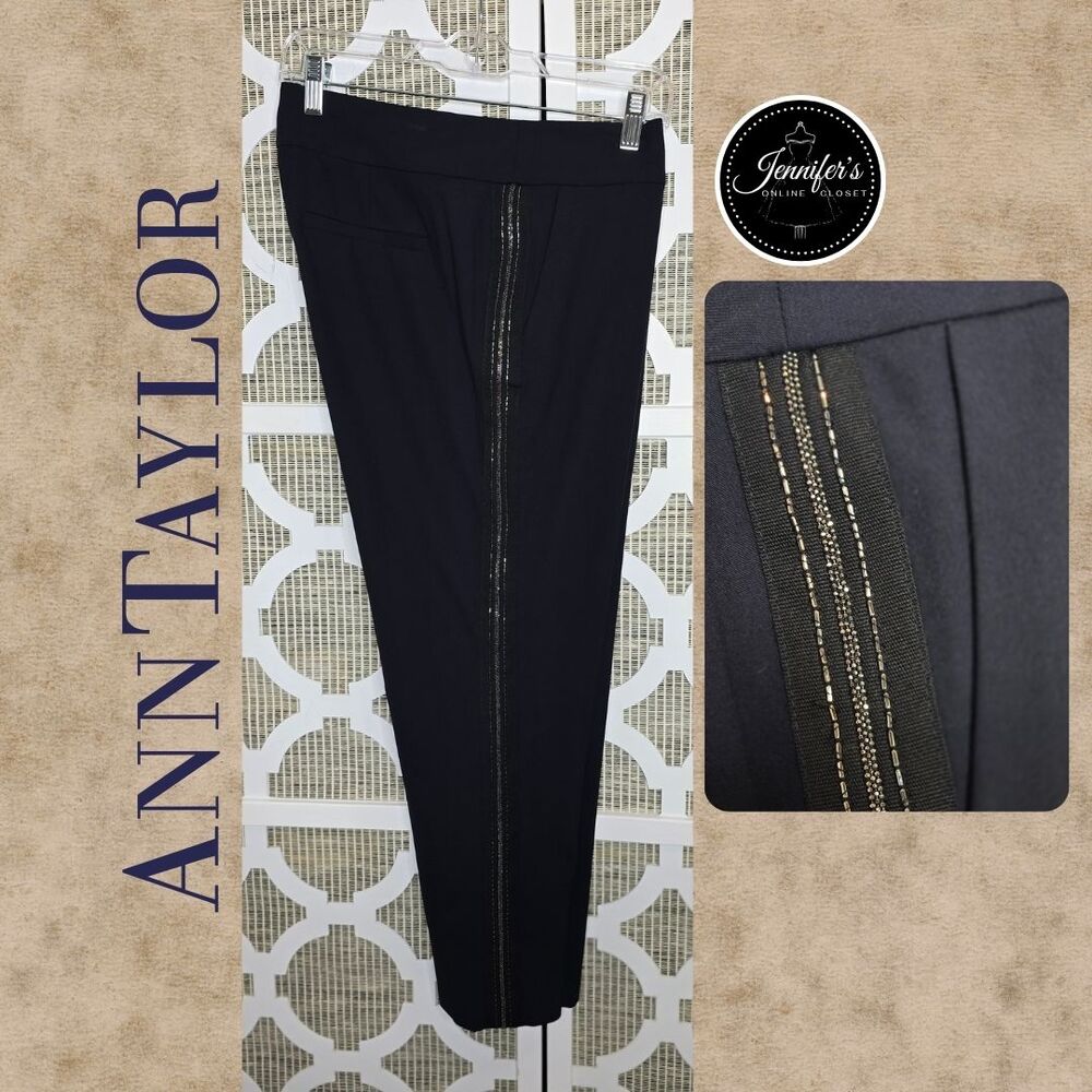 Ann Taylor Petites Navy Blue Beaded Side Trim Ankle Pants Size 10P